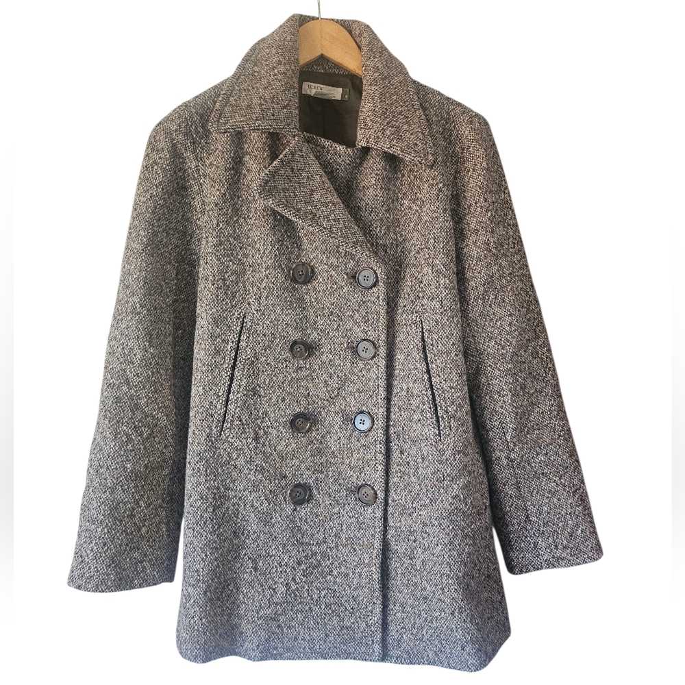 J.Crew Womens Brown Birds Eye Tweed Double Breasted Wool Blend Peacoat,‎ Size M